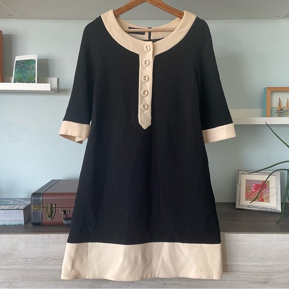 Vintage Gio Guerreri Wool Black and Beige Buttoned A-line ¾ Sleeves Dress - Picture 1 of 15